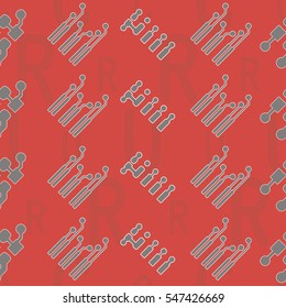 Seamless pattern with abstract routing on colorful background with lettering  of reference for components "C, R, U". Abstract pcb design.