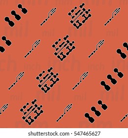 Seamless pattern with abstract routing on colorful background with lettering  "inch, mm, mil". Abstract pcb design.