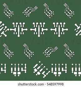 Seamless pattern with abstract routing on colorful background with lettering "Volts, Watts". Abstract pcb design.