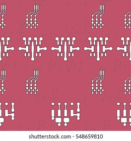 Seamless pattern with abstract routing on colorful background with lettering of physical formulas for voltage, power and electrical current. Abstract pcb design.