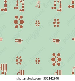 Seamless pattern with abstract routing on colorful background with lettering "placement, polygon, breakout". Abstract pcb design.