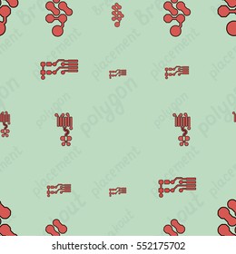 Seamless pattern with abstract routing on colorful background with lettering "placement, polygon, breakout". Abstract pcb design.