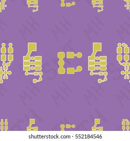 Seamless pattern with abstract routing on colorful background with lettering "SMT, TH, MH" (SURFACE MOUNT TECHNOLOGY, TRUE HOLE, MOUNTING HOLE). Abstract pcb design.
