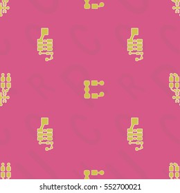 Seamless pattern with abstract routing (with yellow traces, pads and vias) on pink background with lettering of reference for components "C, R, U". Abstract pcb design.