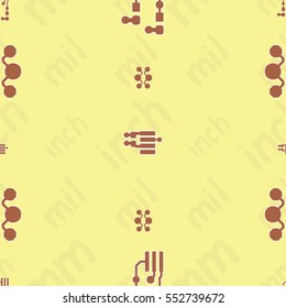 Seamless pattern with abstract routing (with red traces, pads and vias) on yellow background with lettering "inch, mm, mil". Abstract pcb design.