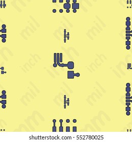 Seamless pattern with abstract routing (with blue traces, pads and vias) on yellow background with lettering "inch, mm, mil". Abstract pcb design.