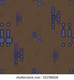 Seamless pattern with abstract routing (with blue traces, pads and vias) on brown background with lettering "0.7 mils, 1.4 mils, 2.1 mils". Abstract pcb design.