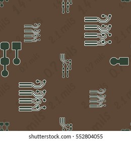 Seamless pattern with abstract routing (with green traces, pads and vias) on brown background with lettering "0.7 mils, 1.4 mils, 2.1 mils". Abstract pcb design.