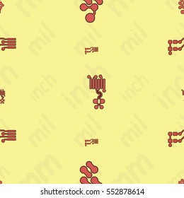 Seamless pattern with abstract routing (with red traces, pads and vias) on yellow background with lettering "inch, mm, mil". Abstract pcb design.