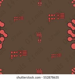 Seamless pattern with abstract routing (with red traces, pads and vias) on brown background with lettering "0.7 mils, 1.4 mils, 2.1 mils". Abstract pcb design.