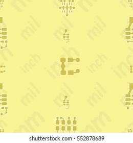 Seamless pattern with abstract routing (with yellow traces, pads and vias) on yellow background with lettering "inch, mm, mil". Abstract pcb design.