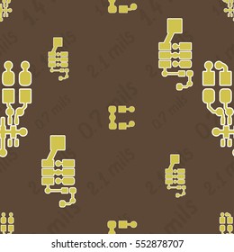 Seamless pattern with abstract routing (with yellow traces, pads and vias) on brown background with lettering "0.7 mils, 1.4 mils, 2.1 mils". Abstract pcb design.