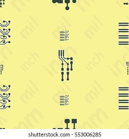 Seamless pattern with abstract routing (with green traces, pads and vias) on yellow background with lettering "inch, mm, mil". Abstract pcb design.