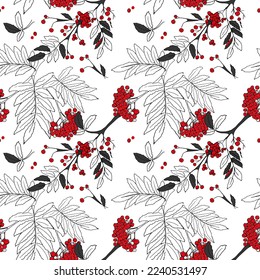 patrón ininterrumpido con rowan abstracto, bayas y hojas. Arte de línea