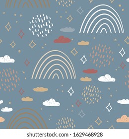 seamless pattern abstract scales, rain, sky clouds stars, simple Nature doodle lines scandinavian style. Nursery decor trend of the season white sienna gray brown on slate gray background. Vector 