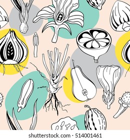 Seamless pattern with abstract Scandinavian floral elements with colorful spots on background. Doodle template for design. Vector illustration eps 8
