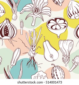 Seamless pattern with abstract Scandinavian floral elements with colorful spots on background. Doodle template for design. Vector illustration eps 8