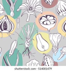Seamless pattern with abstract Scandinavian floral elements with colorful spots on background. Doodle template for design. Vector illustration eps 8