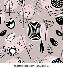 Seamless pattern with abstract Scandinavian nature elements on beige  background with pink spots. Vector illustration eps8