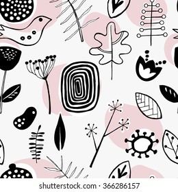 Seamless pattern with abstract Scandinavian nature elements on white background with pink spots. Doodle template for design. Vector illustration eps8
