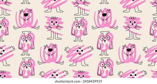 Seamless pattern with abstract scribble characters. Cute funny doodle colorful characters background. Hand drawn flat vector illustration isolated.