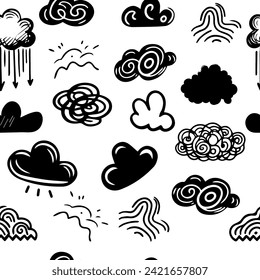Seamless pattern abstract scribble doodles clouds