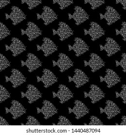 Seamless pattern of abstract sea fish isolated on black background. Hand drawn seamless illustration. Outline.