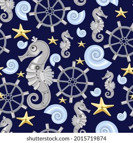 Seamless pattern of abstract sea horses, starfish, shell, steering wheel. Fantastic mechanical metal sea creatures on dark background. Steampunk style. Flat cartoon design. Vector illustration.