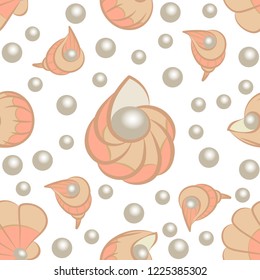 Seamless pattern of abstract sea shells, painted in ashen pink and bright pink. Shells and pattern are decorated with pearl