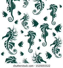 Seamless pattern. Abstract seahorse and fish design on white background. Vector creative illustration.