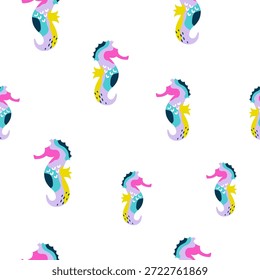 Padrão contínuo de cavalos marinhos abstratos com cores vibrantes da arte pop no fundo branco. Ilustração moderna do vetor do cavalo do mar artístico