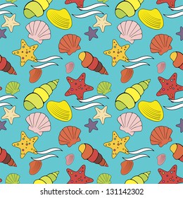 seamless pattern of abstract seashells on the azure background hand drawn vector