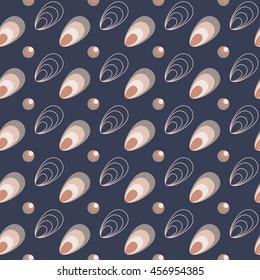 Seamless pattern with abstract seashells and pearls. Perfect for women's clothing or wall decoration. Easy to print on fabric or paper. Stock vector background.