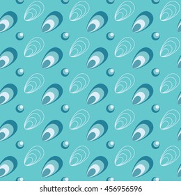 Seamless pattern with abstract seashells and pearls. Perfect for marine theme, water park or pool decoration. Easy to print on fabric or paper. Stock vector background.