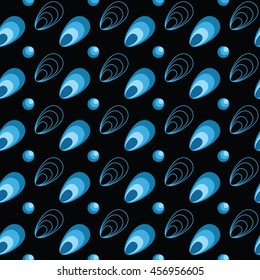 Seamless pattern with abstract seashells and pearls. Perfect for marine theme, water park or pool decoration. Easy to print on fabric or paper. Stock vector background.