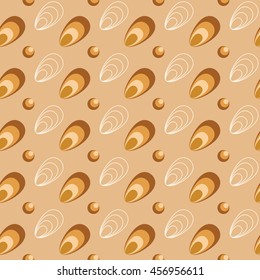 Seamless pattern with abstract seashells and pearls. Perfect for women's clothing or wall decoration. Easy to print on fabric or paper. Stock vector background.