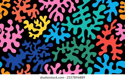 Seamless pattern with abstract seaweed aesthetic element and coral. Ocean plants, underwater marine flora. Cute abstract colorful background, texture