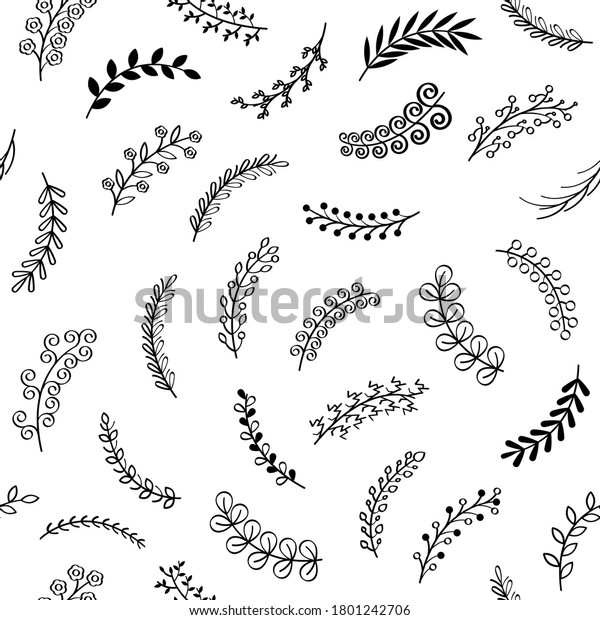 Seamless Pattern Abstract
Set Doodle Elements Hand Drawn Collection Flora Vine Branches with
Leaves. Flower Plant Elements For Frame Border Ornaments, Vector
Design Style