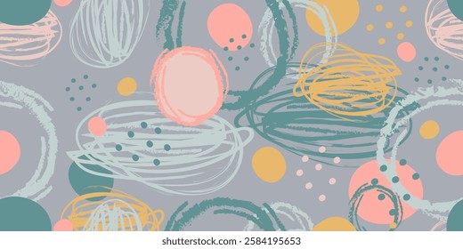 Seamless pattern abstract shape background with spots and dots. Hand drawing doodle, minimal elements in trendy colors. Digital vector art illustration. Wallpaper for print, design and decoration