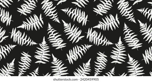 Seamless pattern with abstract shape leaves stems fern. Simple stylized plant leaf ornaments on a dark background. Vector hand drawn sketch. Template for design, fashion, textile, fabric, printing