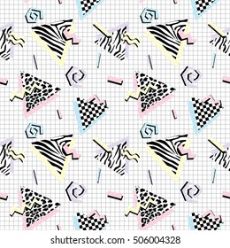 Seamless pattern with abstract shapes and animal prints in nineties style