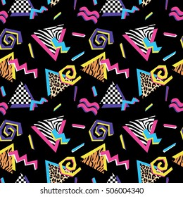 Seamless pattern with abstract shapes and animal prints in nineties style