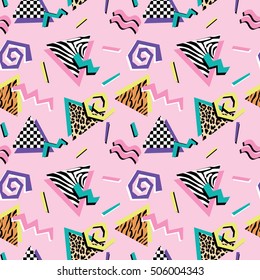 Seamless pattern with abstract shapes and animal prints in nineties style