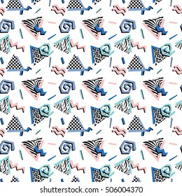 Seamless pattern with abstract shapes and animal prints in nineties style