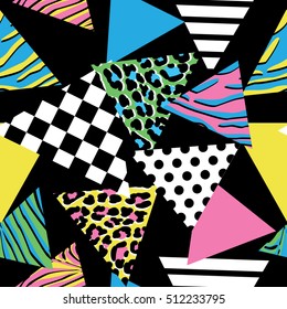 Seamless pattern with abstract shapes and animal prints in nineties style