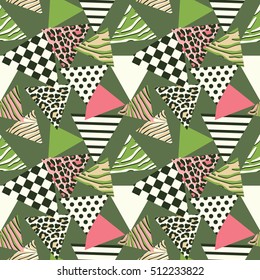 Seamless pattern with abstract shapes and animal prints in nineties style