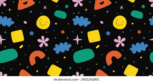 Seamless pattern with abstract shapes. Brutalist shapes and trendy colorful primitive forms on black background. Retro repeat texture with geometric figures and elements. Brutalism aesthetic. Vector