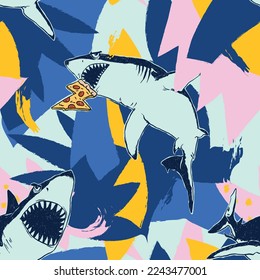 Seamless pattern of a abstract shapes and cartoon shark background elements. For swimming wear.