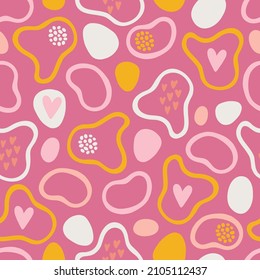 Seamless pattern with abstract shapes, circles, hearts on pink background. Perfect for birthday greetings, wallpaper, wrapping paper, fabric. Vector illustration