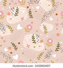 Seamless pattern with abstract shapes and cozy floral elements. Vector illustration in minimalism style and trendy pastel colors. Background design template for paper, fabric, interior and posters